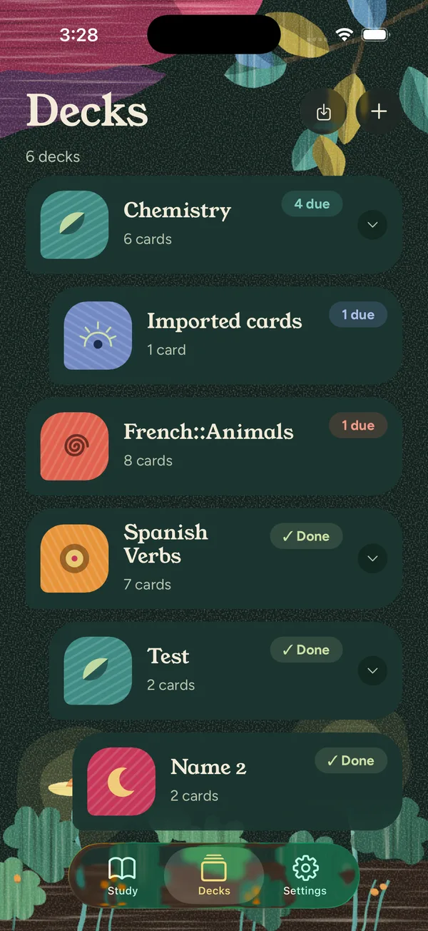 The Decks screen with colour-coded decks and due counts