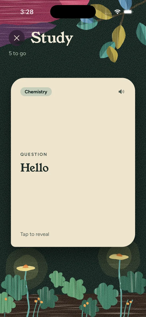 A flashcard showing its question