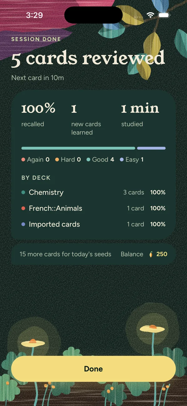A session recap showing 100% recalled, 1 new card learned and 1 minute studied