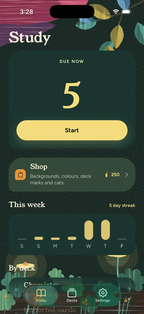 The Grow Study screen showing 5 cards due now, a Start button and this week's streak